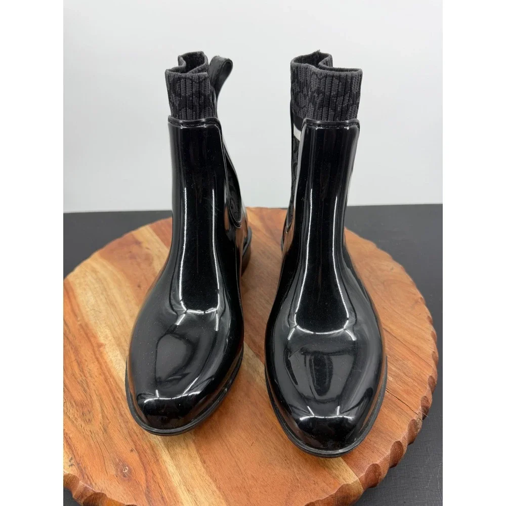 Coach Rivington Rain Boot Women 6 Black Signature Knit Sock Ankle Waterproof